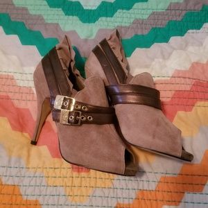 Baby Phat Mocha open toe ruffle heels 7.5